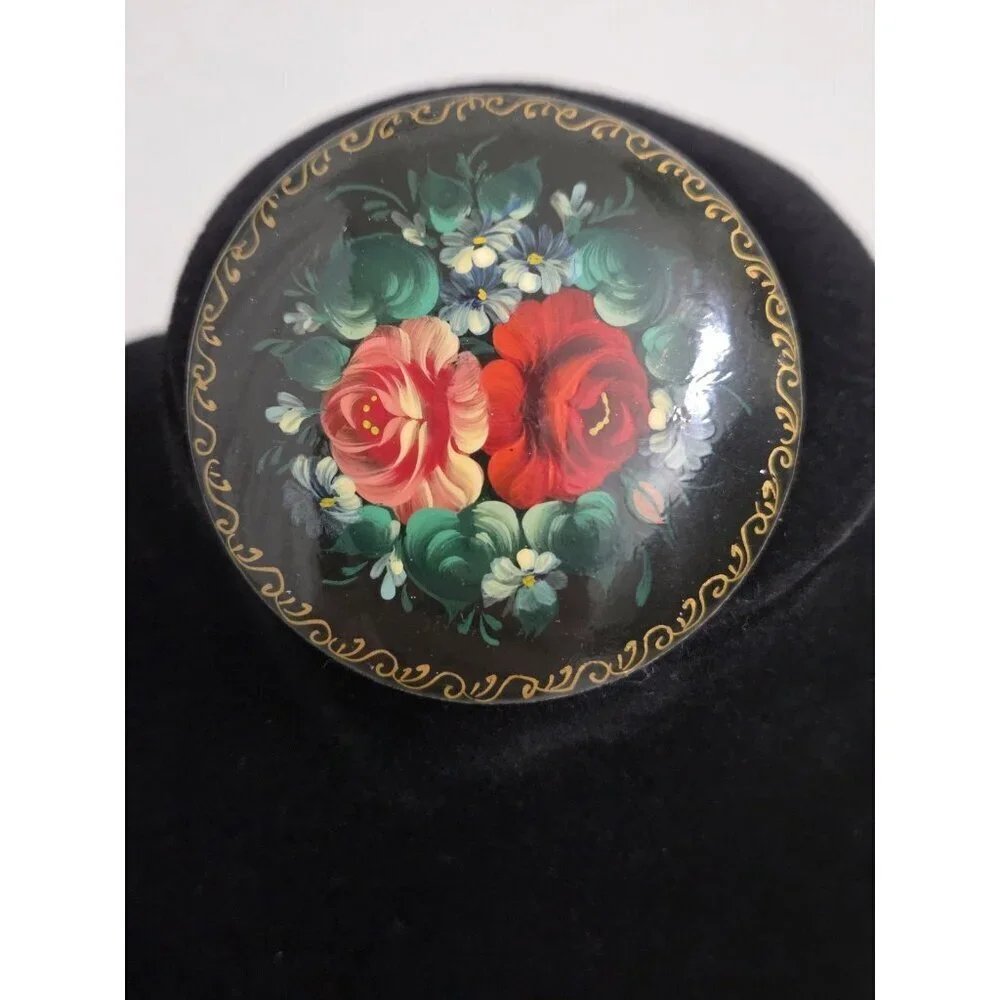 Vintage Hand-Painted Russian Lacquer Floral Folk Brooch Pin Rose Christmas